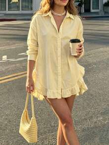 Women's Plus Size Yellow Shirt Dress, Classic Collar Design, Long Sleeve, Front Button Closure, Double Layer Ruffle Hem, Loose Fit, Suitable For Beach Vacation As Casual Outerwear Or Robe-Style Dress - Yellow - View 2