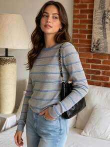 Women's Autumn/Winter Gentle French Style Striped Crew Neck Pullover Sweater - Light Grey - View 5