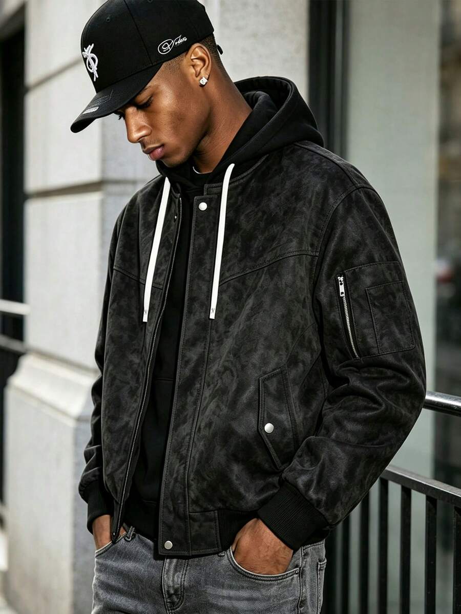 Men's Leather Jacket Autumn/Winter Casual Fashion Minimalist Outdoor Hooded Coat - Black - View 1