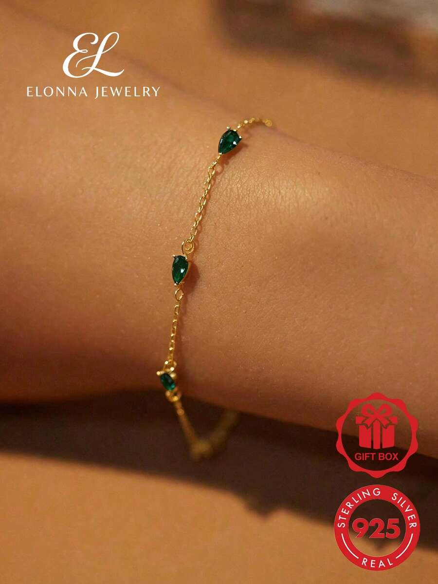 SYMFNY 925 Sterling Silver Teardrop Cubic Zirconia Bracelet - Perfect Mother's Day Gift For Mom - Green - View 1