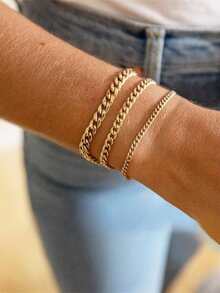 3pcs/Set Women's Bracelet Set, Beach Vacation Layering Style, Non-Fading Non-Rusting Stainless Steel Hip Hop Women's Thick Cuban Chain Bracelet Set, Daily Accessory Gift - Yellow Gold - View 1