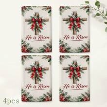 2pcs/Set Christmas Wreath Print Kitchen Towels, He Is Risen English Text, Holly Red Berry Plaid Bow Pattern Hand Towels, Oven Door Decorative Hanging Towels, Holiday Home Kitchen Decor, 4/6/8pcs Boxed - Multicolor - View 9