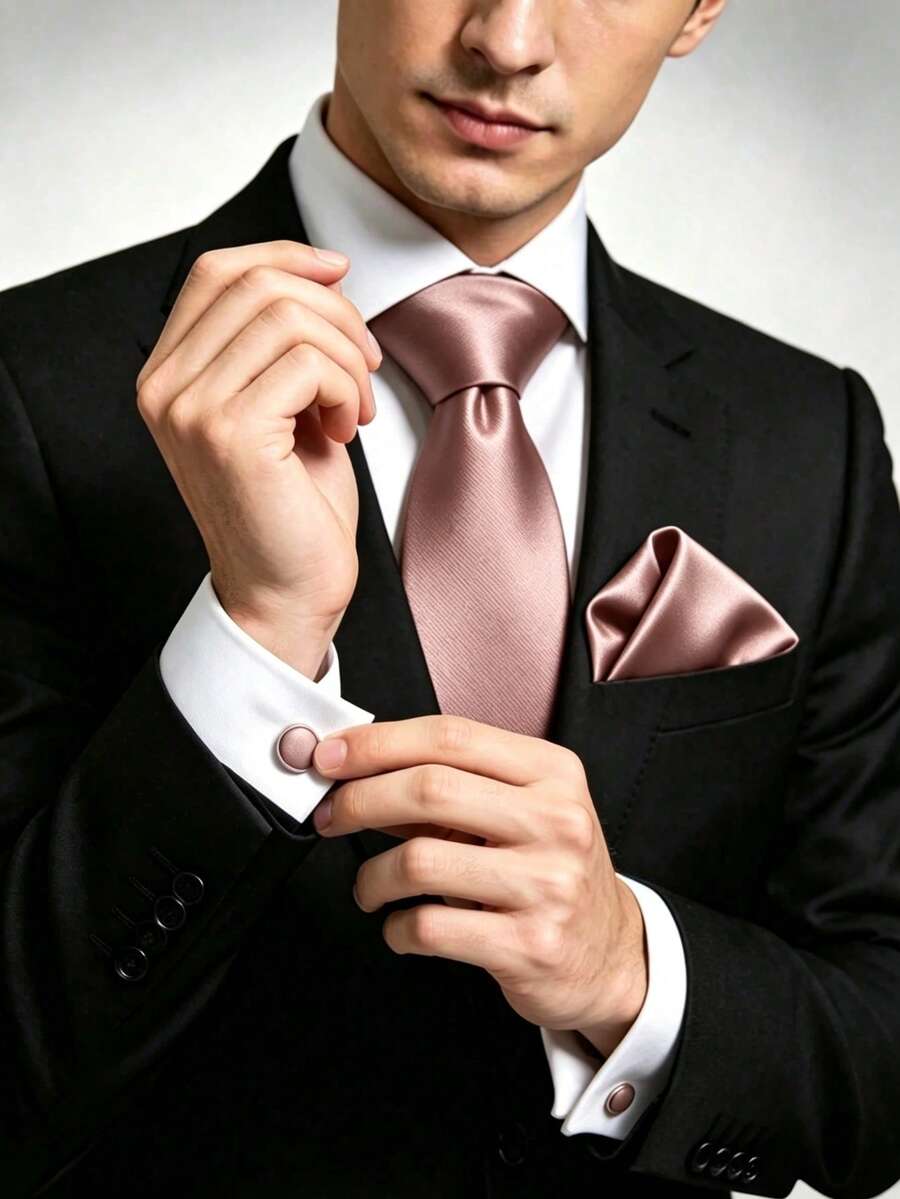 1件 Barry Wang 男士絲綢領帶套裝,金色與深綠色純色領帶、口袋巾、袖扣套組,適用婚禮、商務、宴會 - 藕粉色 - 查看 1