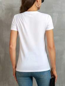 Casual Printed T-Shirt For Women, Short Sleeve Crew Neck With Floral Bright Heart Pattern, Light Breathable Material, Spring Summer Autumn Wear - 白色 - 查看 2