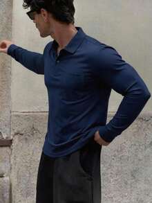 Men's Solid Color Long Sleeve Polo Shirt With Pocket, Turn Collar Button Up Top, Casual Daily Commute Sports Long Sleeve T-Shirt - Navy Blue - View 6