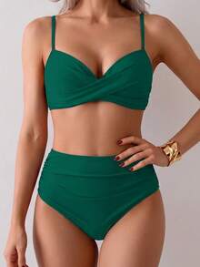 Summer Solid Color Elegant Bohemian Double Strap Sweet Style Two Pieces Bikini Swimsuit Beach Vacation Set - Green - View 5