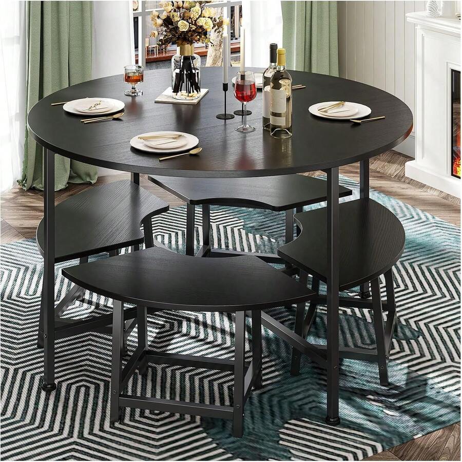 Comedor 4 Personas Mesa Redonda 80x80 Negra con Taburetes para Cocina| Juego de comedor compacto con mesa redonda y 4 taburetes, para cocinas pequeñas, departamentos y desayunadores. - Negro - Ver 1