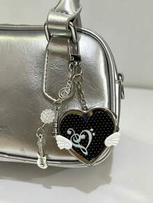 1pc Korean Vintage Heart With Small Wings Mirror Bag Charm, Ins Style Music Note Guitar Pendant, Portable Heart-Shaped Small Mirror Keychain - Multicolor - View 12