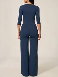TimeOff Women's One Set Solid Color Oversized Scoop Neck Mid-Sleeve T-Shirt Wide Leg Pants Sports Set - Blue - View 8