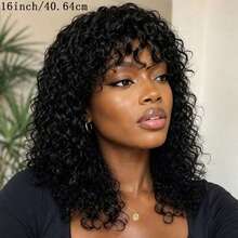 AMECIRE Curly Wig Human Hair Wigs Long Black Wig With Bangs Water Wave Wig Fluffy Shape Pixie Cut Wig Elastic Mesh Cap Suitable For Everyday Wear - Natural Black - View 5