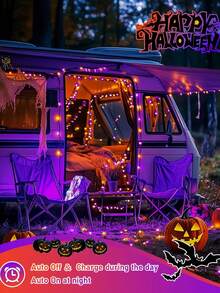 1pc/2PCS Halloween Decoration Solar 120LED Purple And Orange Fairy String Lights, 8 Modes Of Solar Flashing Fairy Lights, Outdoor Courtyard Party Halloween Decoration, Waterproof Copper String Lights - Solar Orange and Purple String Lights - View 6