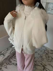 Women's Solid Color Hooded Knit Cardigan Sweater With Detachable Fur Collar, Autumn - Apricot - View 9