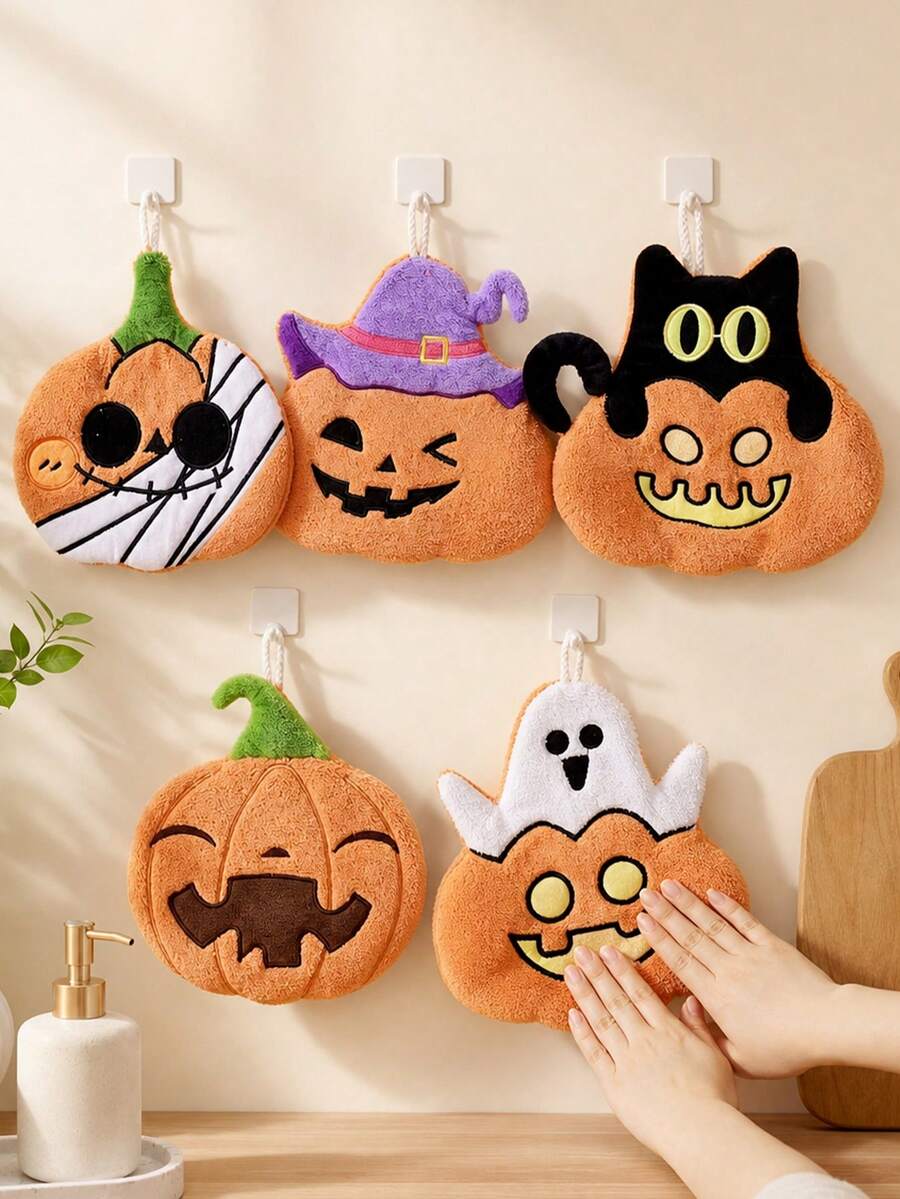 1pc/5pcs Halloween Creative Pumpkin Hand Towel, Hanging Style, Kitchen Bathroom Room Decor, Highly Absorbent, Quick Drying, Soft & Skin-Friendly, Easy To Clean, Personalized Towel, Creative Home Gift - Multicolor - View 1