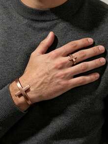 1pc Pure Copper Bracelets Ring Set For Women Men Waterproof Healing Cuff Bracelets And Ring For Men Adjustable Chunky Copper Bangle Jewelry Gifts - Bronze - View 3
