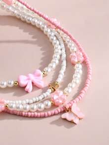NAIZHU 4pcs Fashion Sweet Pink Butterfly Flower Bow Pearl Necklace Set, Girls Daily Party Accessories - Multicolor - View 3