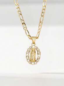 1PC Vintage Religious Style Women's Necklace, Virgin Mary Carving With Delicate Lines, Rich Vintage Charm. 50cm Smooth Figaro Chain Fits Neck Comfortably, Elegant And Sacred Elegant, Suitable For Daily Wear And Religious Worship, Combining Decorative And Commemorative Significance - Yellow Gold - View 11