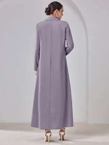 Chaqueta Abaya Elegante con Pañuelo, Hombros Acolchados, unicolor, Cierre de Botones Delanteros, Abertura Lateral Primavera Otoño - Morado Violeta - Ver 3