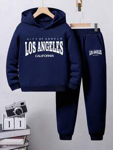 Bộ áo hoodie và quần dài in chữ cho trẻ tập đi - Xanh đậm - Xem 1