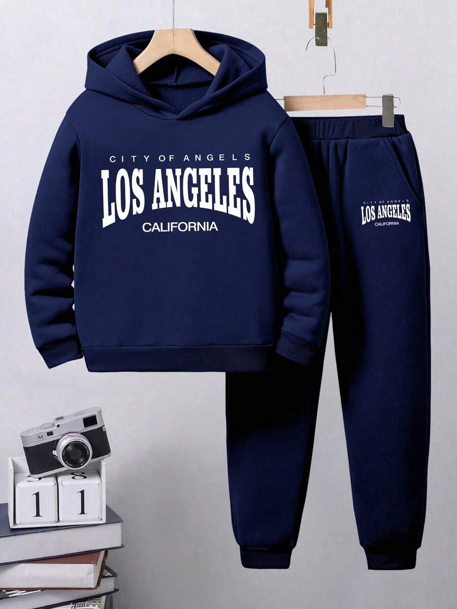 Bộ áo hoodie và quần dài in chữ cho trẻ tập đi - Xanh đậm - Xem 1
