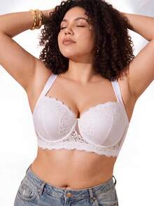 Plus Size Floral Lace Underwire Bra, Wide Strap Comfortable Style, Full Cup Design, Exquisite Lace Details, Underwire Support For Lifted Bust - White - View 5