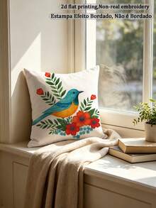 1pc Watercolor Style Vibrant Wild Bird & Plant Floral Leaf Pattern Country Style Spring Sofa Home Decor Pillow Cover (Pillow Insert Not Included) - Multicolor - View 4