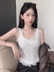 蕾絲飾邊拼接細肩帶背心上衣，夏季修身短版上衣，顯身材白色 - 白色 - 查看 4