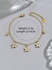 1件女款金色不鏽鋼五瓣花圓形水鑽腳鍊，海灘度假時尚飾品，18K鍍金 - 金色 - 查看 4