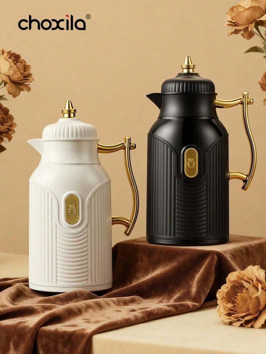 choxila 1pc Large Capacity Insulated Pot, Gold-Plated Teapot, Coffee Pot, Hot Water Bottle, Press-Type Vacuum Insulated Flask With Glass Inner Liner - Black - View 1