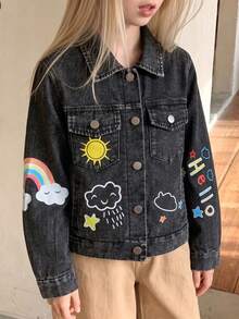 Tween Girls Y2K Style Denim Jacket And Coat, Big Tween Girl Retro Black Denim, Cartoon Rainbow Letter Print, Multi-Pocket Single-Breasted Open Front Lapel Long Sleeve Top, Suitable For Spring Summer Autumn Winter, Daily Wear, School, Commuting - Black - View 2