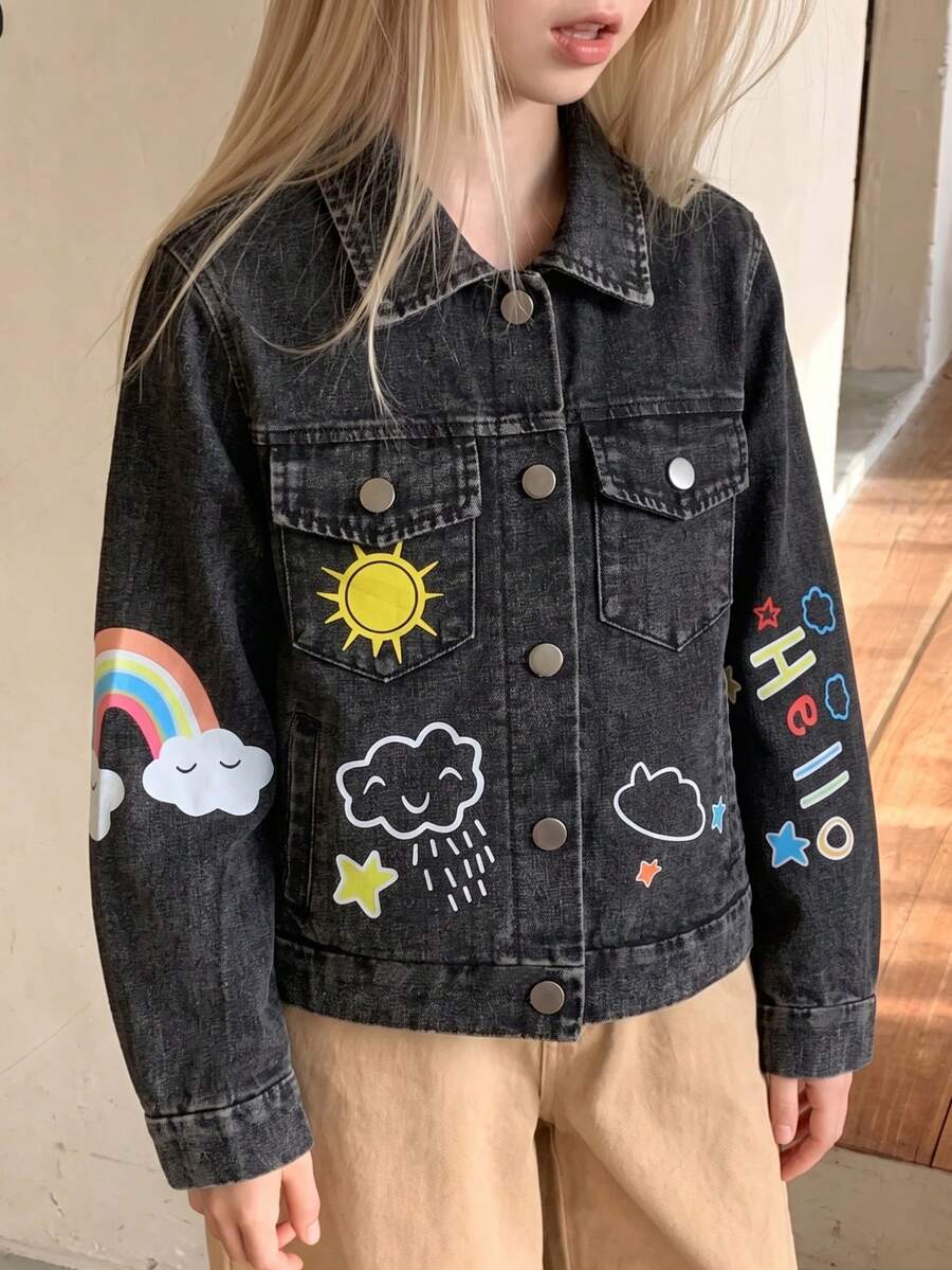 Tween Girls Y2K Style Denim Jacket And Coat, Big Tween Girl Retro Black Denim, Cartoon Rainbow Letter Print, Multi-Pocket Single-Breasted Open Front Lapel Long Sleeve Top, Suitable For Spring Summer Autumn Winter, Daily Wear, School, Commuting - Black - View 1