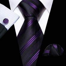 Purple Striped Necktie Pocket Square Cufflinks Tie Clip 4pcs Kit For Art Exhibition Closing Night & Museum Opening Gala - Purple - View 3