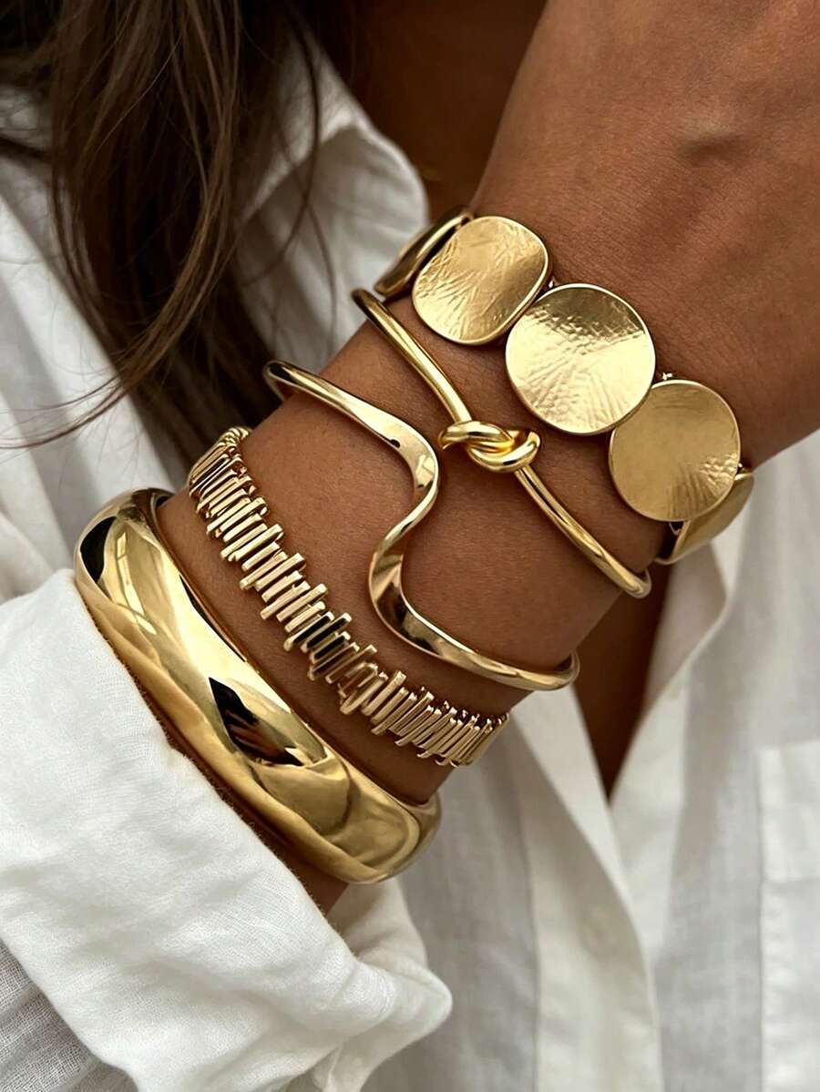 5pcs/1pc Vintage Casual Exaggerated Glamorous Geometric Design Wide Metal Gold Bracelet Set For Daily Wear And Gift - Gold - View 1