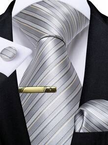 Stripe Light Grey Necktie Pocket Square Cufflinks Tie Clip 4pcs Pack For Volunteer Appreciation Night & Library Fundraising Gala - Light Grey - View 1