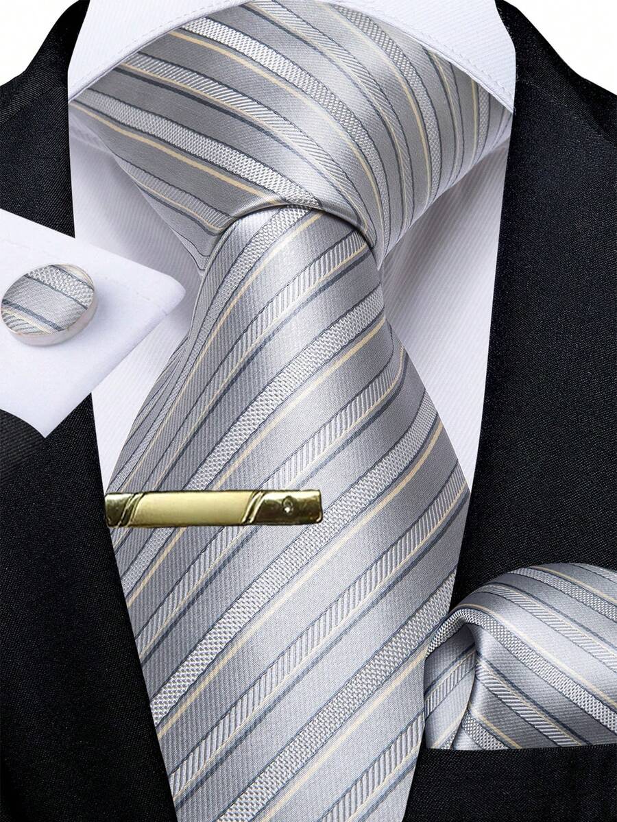 Stripe Light Grey Necktie Pocket Square Cufflinks Tie Clip 4pcs Pack For Volunteer Appreciation Night & Library Fundraising Gala - Light Grey - View 1
