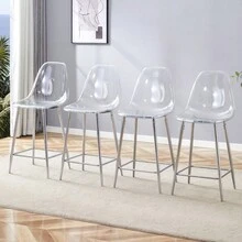 Set Of 2 Transparent Bar Stools, With Silver/Gold/Black Metal Frame, Modern Design Chairs For Kitchen, Bar Or Dining Room (Chairs Only, No Table) - Silver + Plastic - View 1