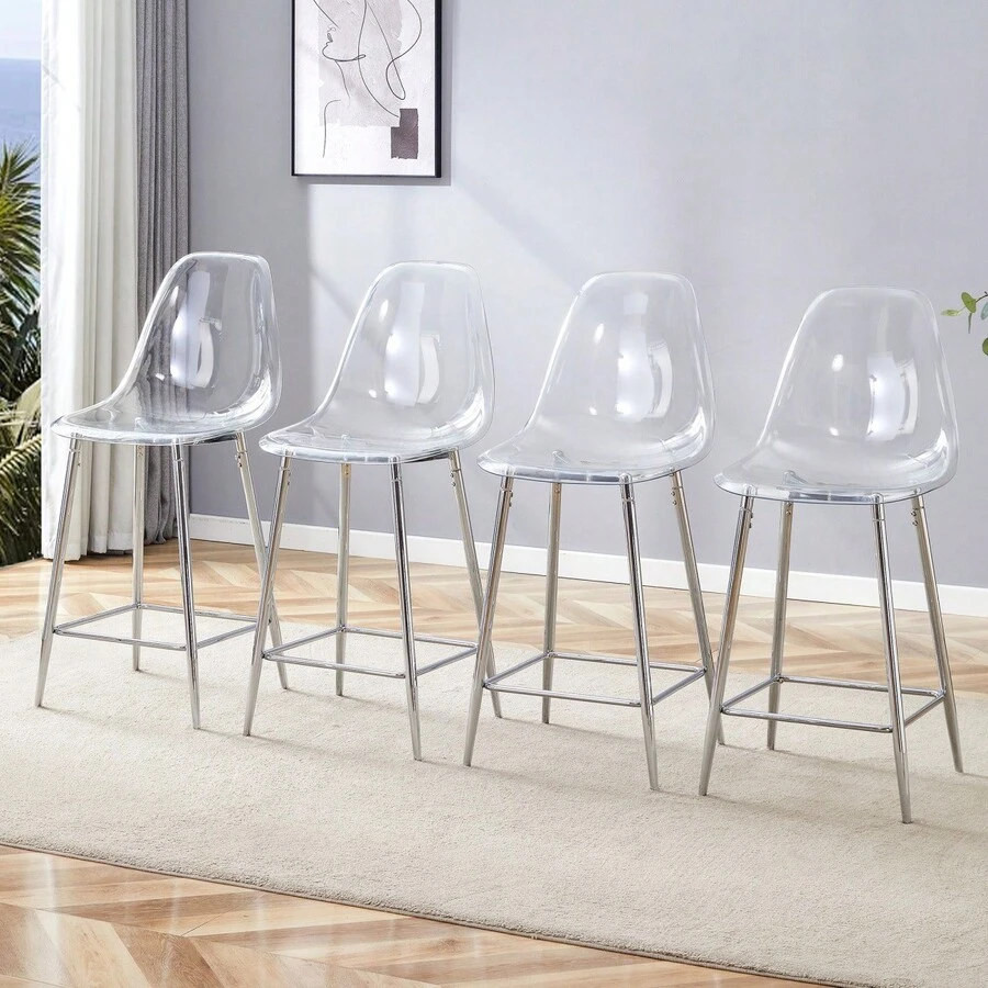 Set Of 2 Transparent Bar Stools, With Silver/Gold/Black Metal Frame, Modern Design Chairs For Kitchen, Bar Or Dining Room (Chairs Only, No Table) - Silver + Plastic - View 1