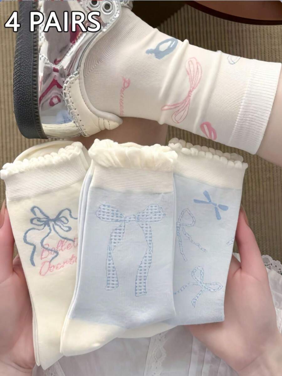 4 Pairs Blue Bow White Ruffle Mid-Calf Socks, Women's Socks, Sweet And Cute Socks, Student Socks, Preppy Design, Suitable For All Seasons, Christmas Gift - Multicolor - View 1