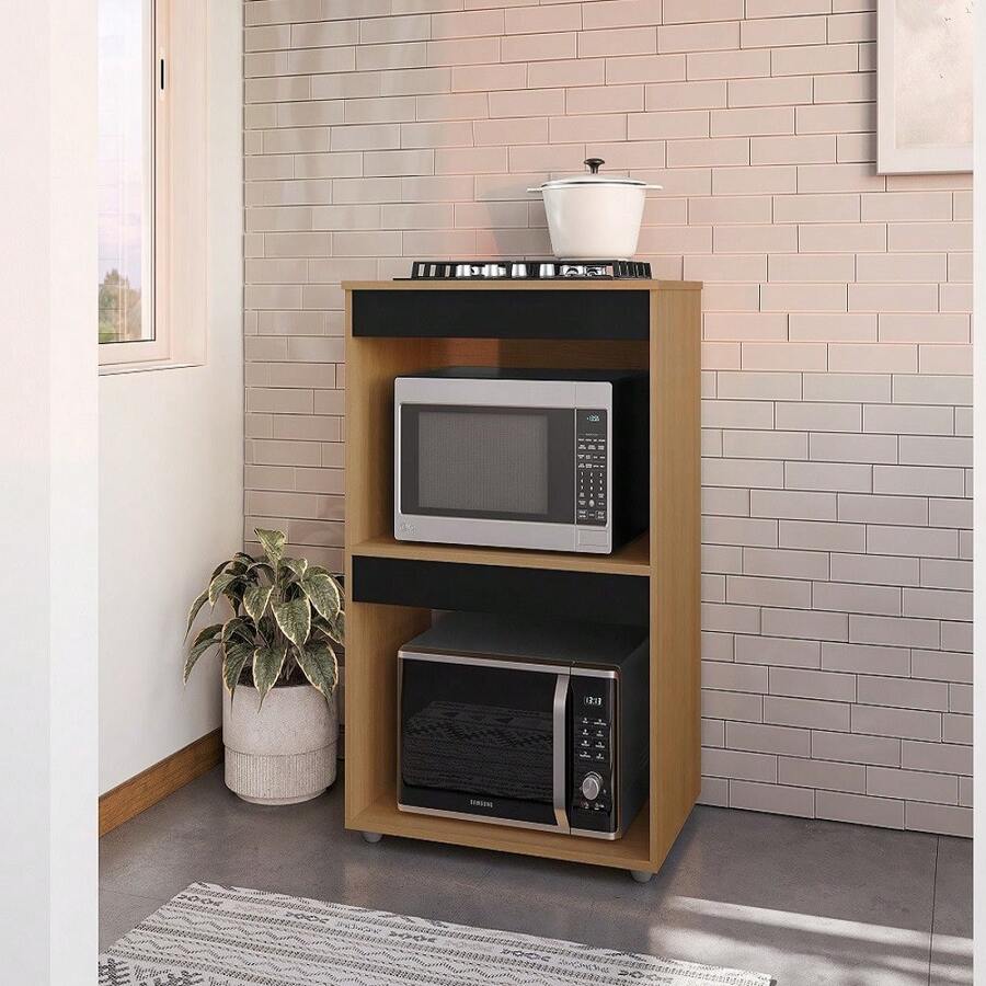 Gabinete Cooktop Adriana Amêndoa/Preto C/Tampo Fogão 4 ou 5 Bocas - AJL Móveis - Marrom Claro - Visão 1