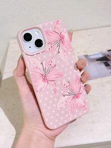 1 buah Casing Ponsel Minimalis Motif Bunga INS Gaya Pink Klasik dengan Polka Dot Kecil dan Pola Bunga Lili, Lubang Besar, Tekstur Kulit, Perlindungan Penuh, Lembut, Kompatibel dengan iPhone 11/12/13/14/15/16/17 Pro Max - MultiWarna - View 2