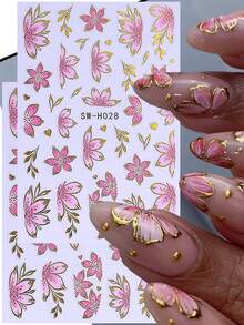 1pc Spring Summer Pink Petal Nail Stickers, Luxury Gold Foil Edge Floral Plant Nail Decals, 3D Self-Adhesive Sliders - Multicolor - View 2