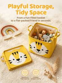Cute Cartoon Animal Foldable Storage Basket, Waterproof Fabric Children's Toy Storage Bin With Handles, Suitable For Nursery And Bedroom - Multicolor - View 1
