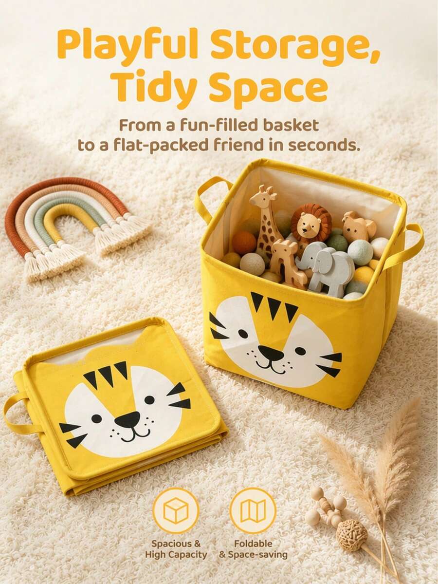 Cute Cartoon Animal Foldable Storage Basket, Waterproof Fabric Children's Toy Storage Bin With Handles, Suitable For Nursery And Bedroom - Multicolor - View 1