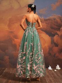 VIPGIRL Elegant Dreamy Pink Strapless Floral Gown, Lace-Up Back, Flowing Tulle Skirt, Ball Gown, Women's Formal Evening Dress - Mint Green - View 2