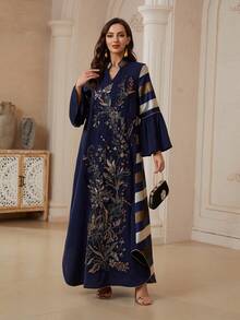 Elegant Women's Small V-Neck Striped Heavy Sequin Long Robe, Loose Slimming Embroidered Evening Gown - NC169 - View 3