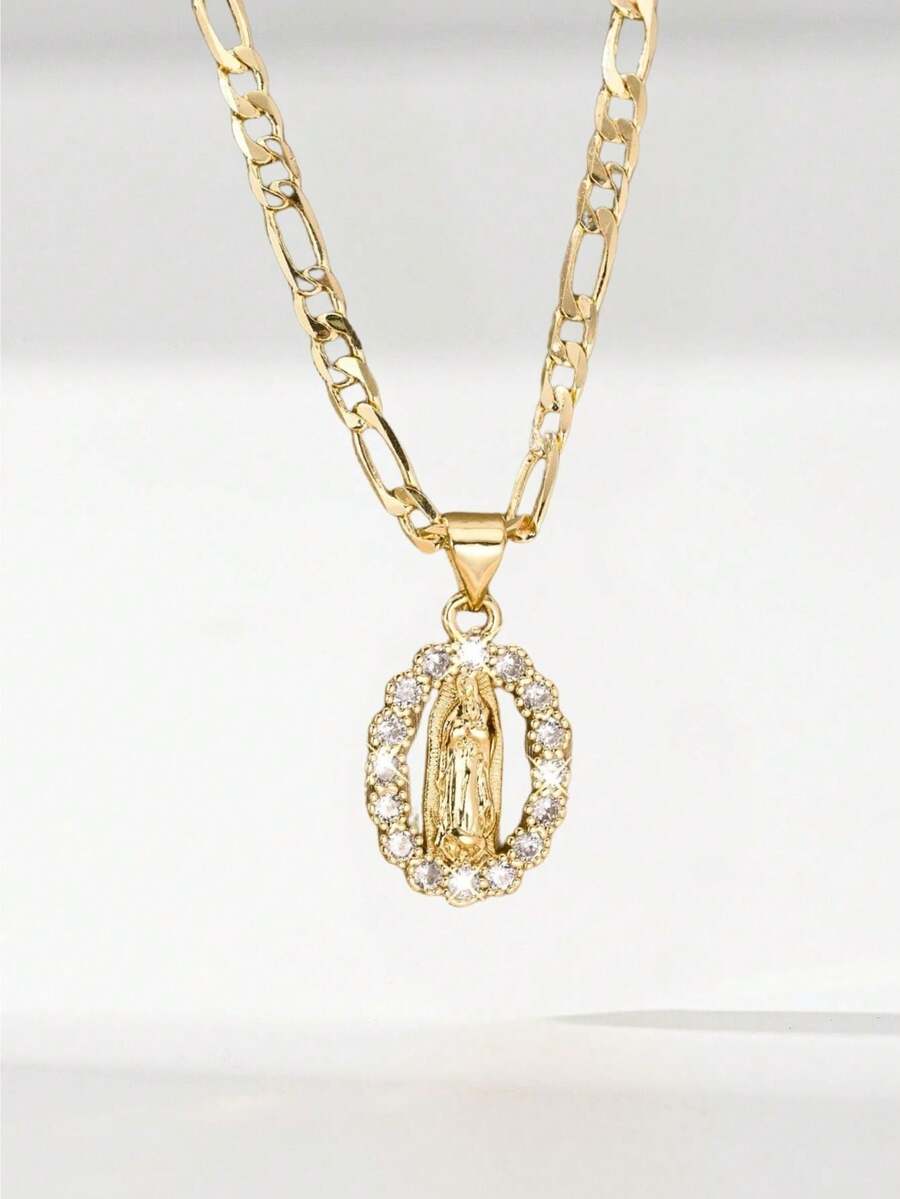 1PC Vintage Religious Style Women's Necklace, Virgin Mary Carving With Delicate Lines, Rich Vintage Charm. 50cm Smooth Figaro Chain Fits Neck Comfortably, Elegant And Sacred Elegant, Suitable For Daily Wear And Religious Worship, Combining Decorative And Commemorative Significance - Yellow Gold - View 1