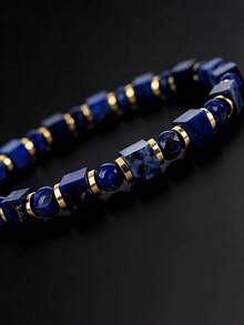 Gelang Lapis Lazuli Pria dengan Manik-Manik Kubus & Berfaset, Perhiasan Tumpuk Minimalis Gaya Boho Cocok untuk Pemakaian Sehari-hari, Kekuatan, Perlindungan, Harmoni - MultiWarna - View 3
