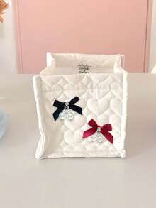 Heart-Shaped Quilted Fabric Storage Basket With Pearl Bow, Desktop Makeup Bag, Cute Bow Storage Box, Makeup Brush Holder, Stationery Organizer, Birthday Gift - Multicolor - View 12