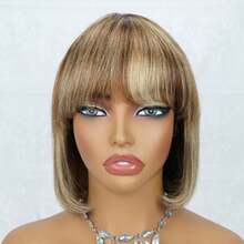 AMECIRE Wig Bob Rambut Manusia Wig Warna Campuran Wig Cokelat Wig Rambut Lurus Wanita Wig Rambut Pendek Dengan Poni Bentuk Mengembang Cocok Untuk Semua Orang - S4/27 - View 7
