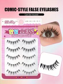 5 Pairs Wet-Look Pointed Dense Girl Group Style Invisible Band Eyelashes, Wet-Tip Flowing Realistic Mink Faux Eyelashes, Big Eye Korean-Japanese Doll Style Pointed Column Eyelashes For Date And Daily Wear - Black - View 5