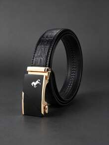 Designed With Premium Business Horse Print Automatic Buckle Belt, High-End Minimalist Men's PU Belt, Suitable For Office Wear, Essential Gift, Black And Brown Dual Colors Available - Multicolor - View 17